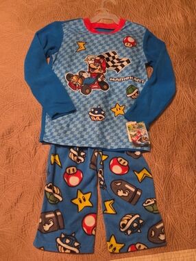 Nintendo Blue Mario Kart Fleece Pajama Set with Red Trim